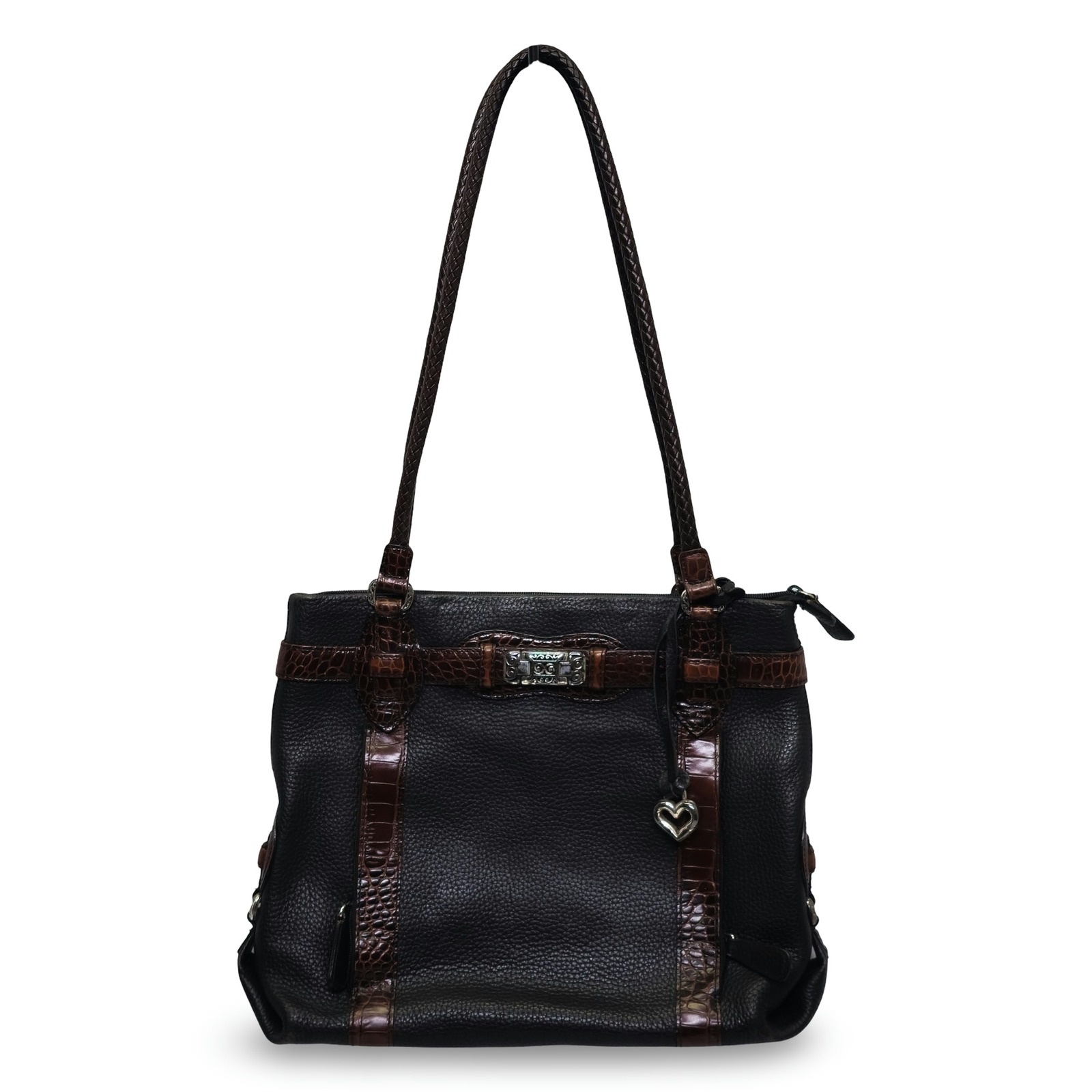 Brighton Shoulder Bag Womens Large Black Brown Leather Croco Trim